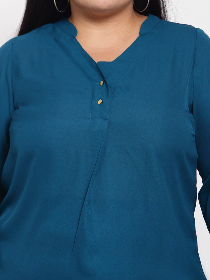 plusS Teal Mandarin Collar Regular Top