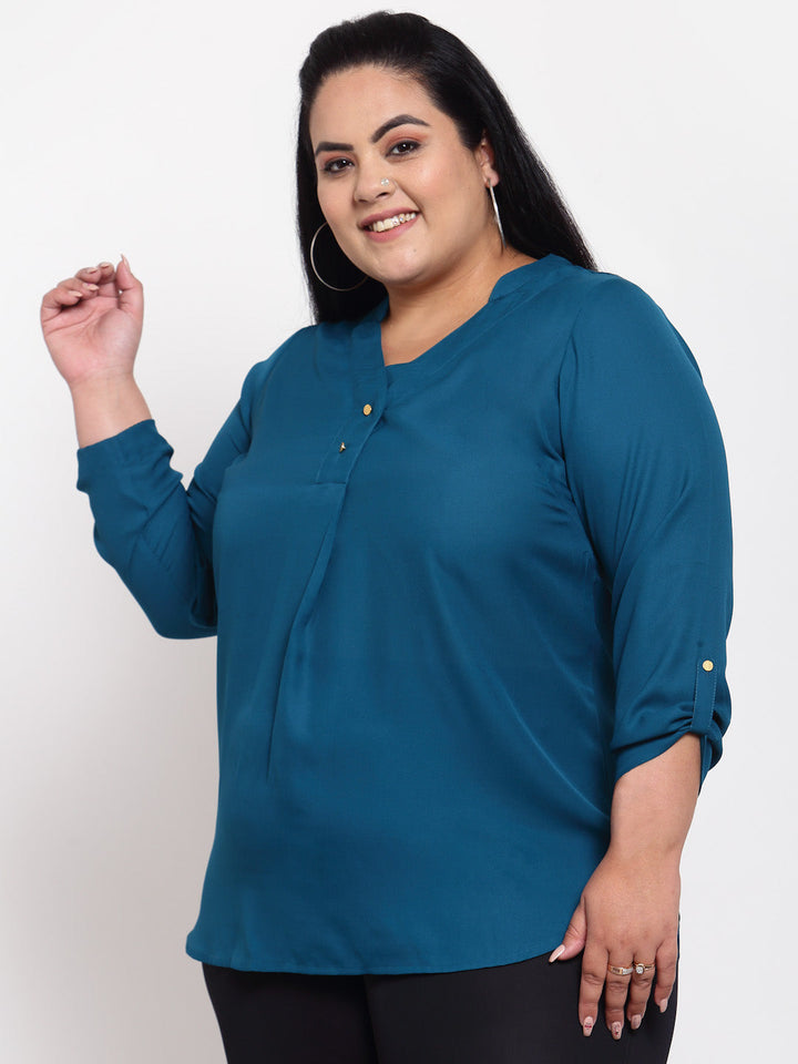 plusS Teal Mandarin Collar Regular Top