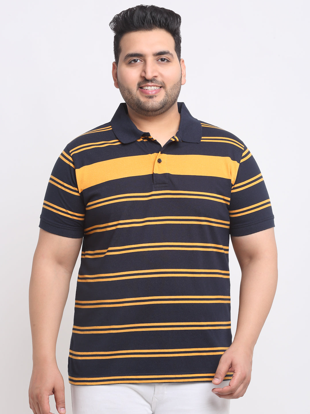 Plus Size Navy Blue Striped Polo Collar Cotton T-shirt