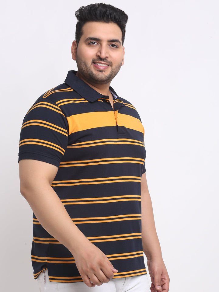 Plus Size Navy Blue Striped Polo Collar Cotton T-shirt