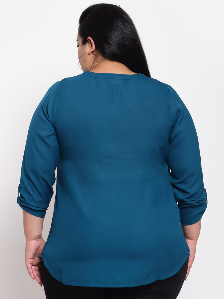 plusS Teal Mandarin Collar Regular Top