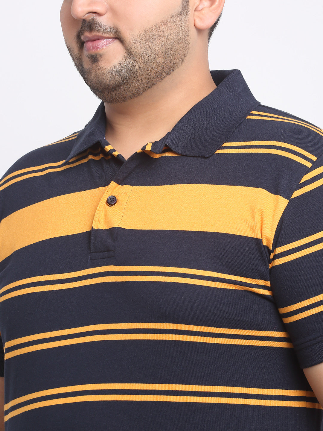 Plus Size Navy Blue Striped Polo Collar Cotton T-shirt