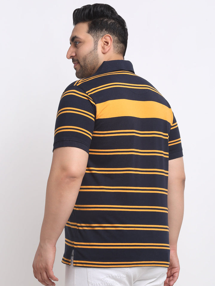 Plus Size Navy Blue Striped Polo Collar Cotton T-shirt