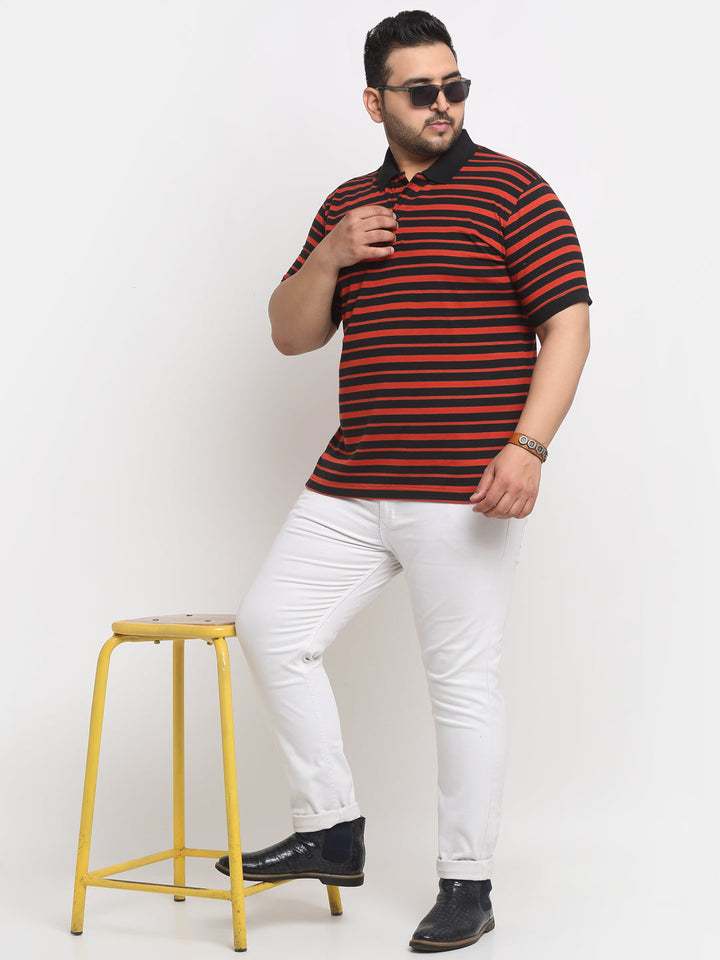 Red And Black Striped Polo Collar Cotton T-Shirt