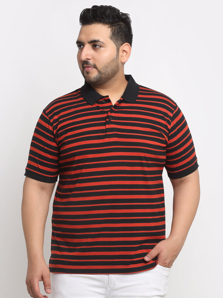 Red And Black Striped Polo Collar Cotton T-Shirt