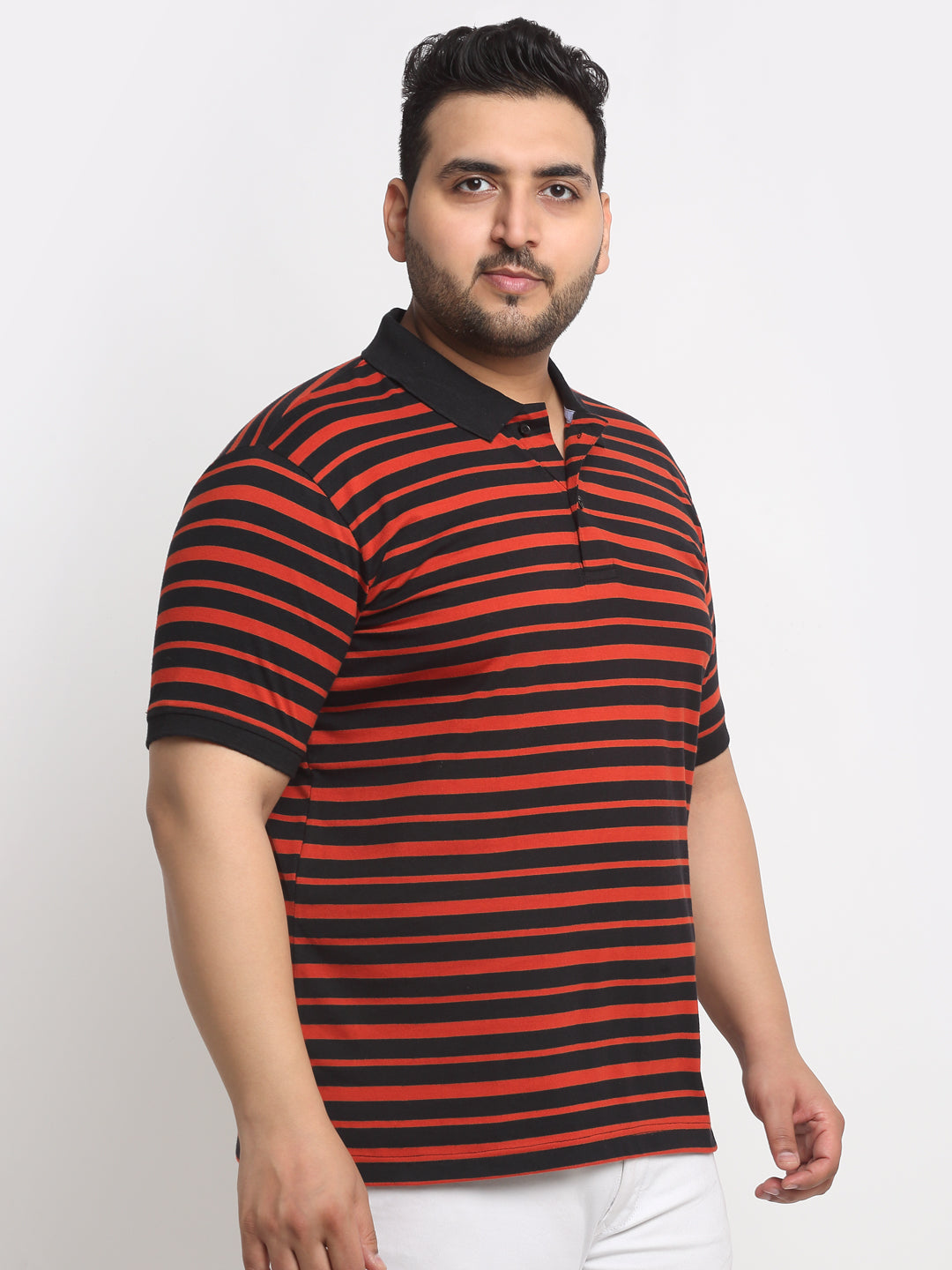 Red And Black Striped Polo Collar Cotton T-Shirt