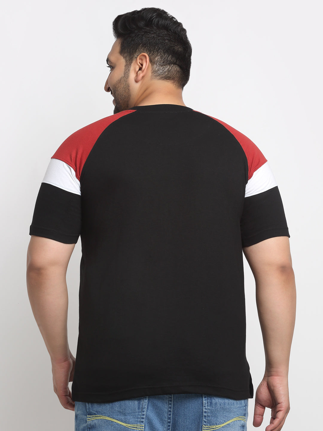 Black Round Neck Raglan Sleeves Cotton T-Shirt