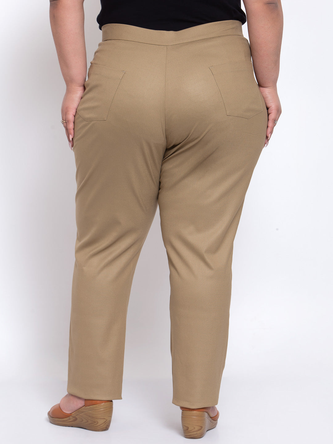 plusS Women Beige Regular Fit Cotton Solid Formal Trousers