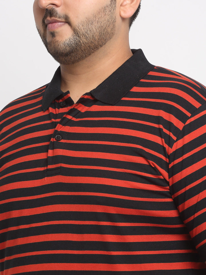 Red And Black Striped Polo Collar Cotton T-Shirt