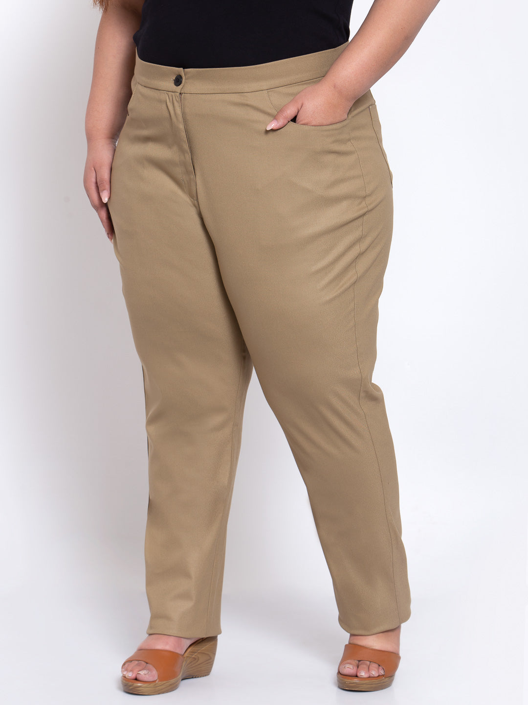 plusS Women Beige Regular Fit Cotton Solid Formal Trousers