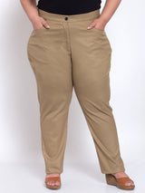 plusS Women Beige Regular Fit Cotton Solid Formal Trousers