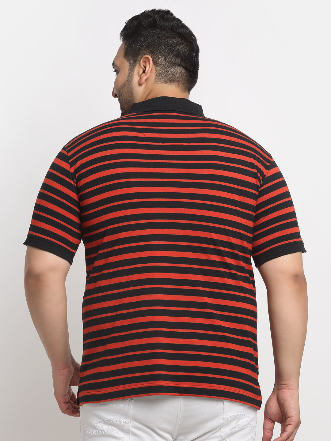 Red And Black Striped Polo Collar Cotton T-Shirt