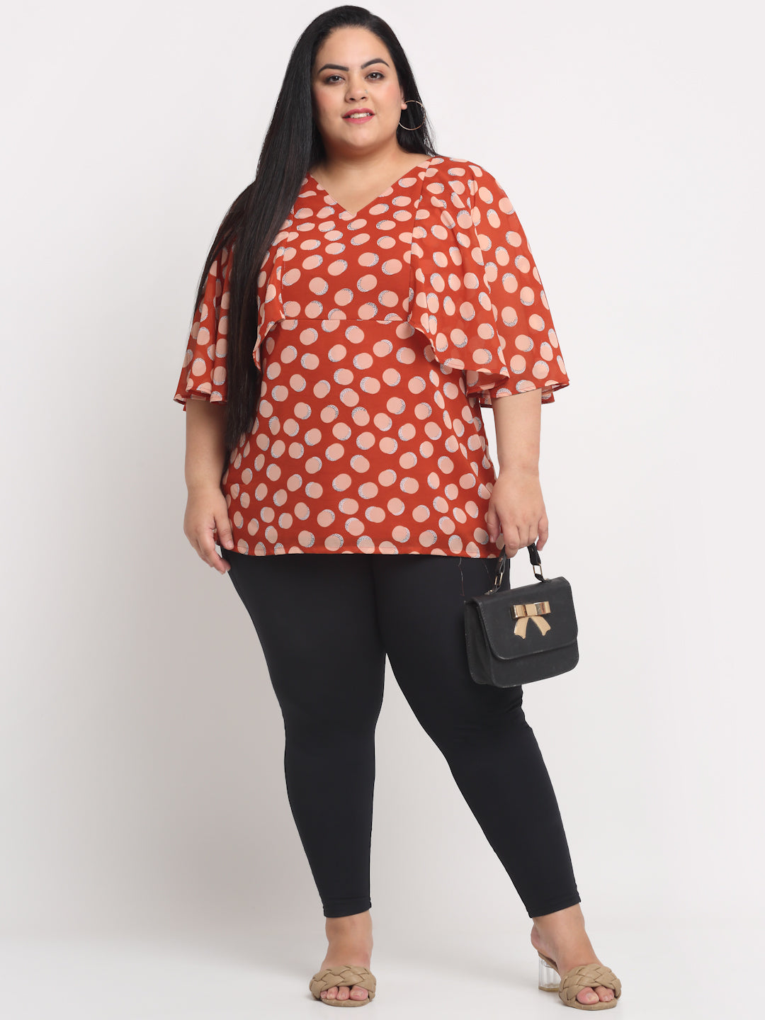 plusS Orange Plus Size Polka Printed Top