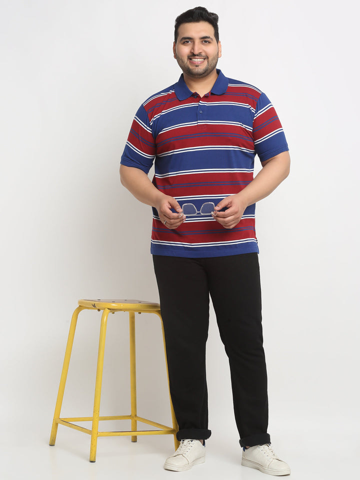 Red And Navy Blue Striped Polo Collar Cotton T-Shirt