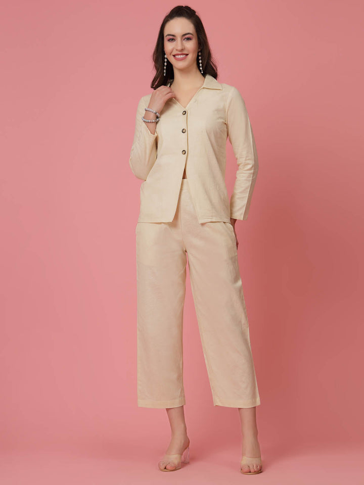 Cream Pure Cotton Shirt With Trousers