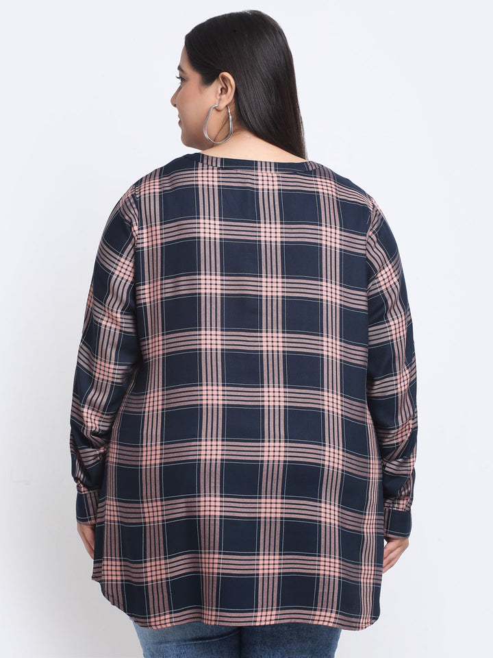 Plus Size Checked Mandarin Collar Roll-Up Sleeves Longline Top