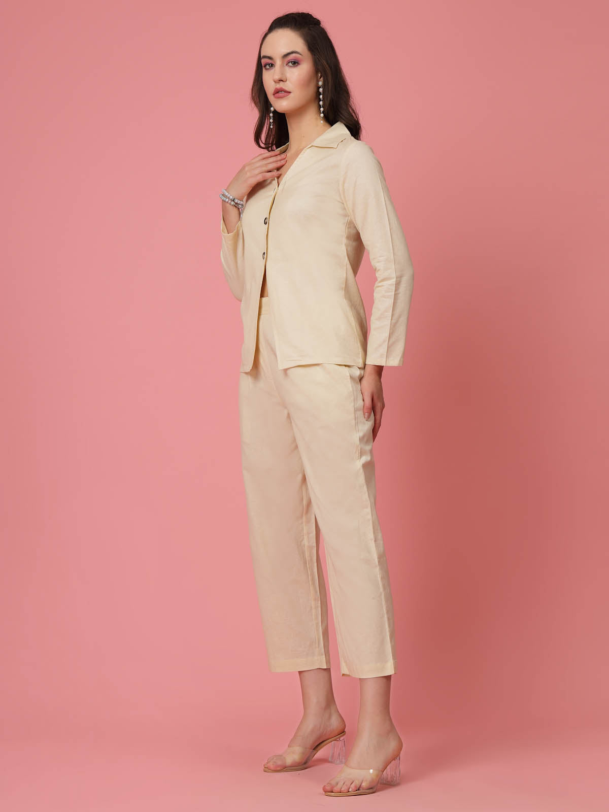Cream Pure Cotton Shirt With Trousers