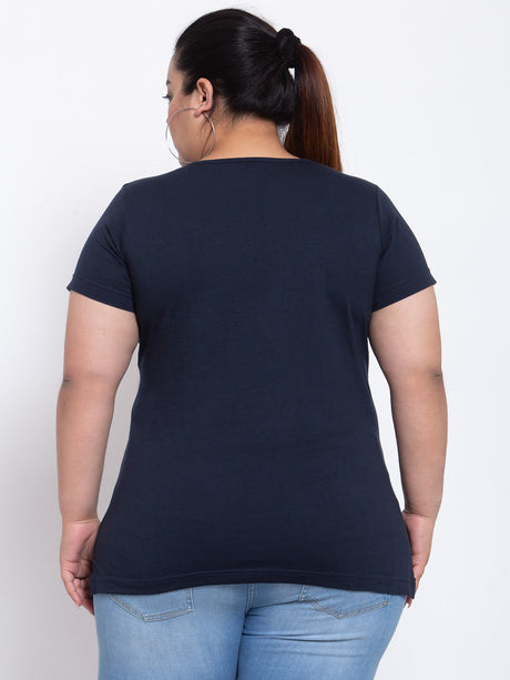Women Plus Size Navy Blue Solid Round Neck Cotton T-shirt with Embellished Detail