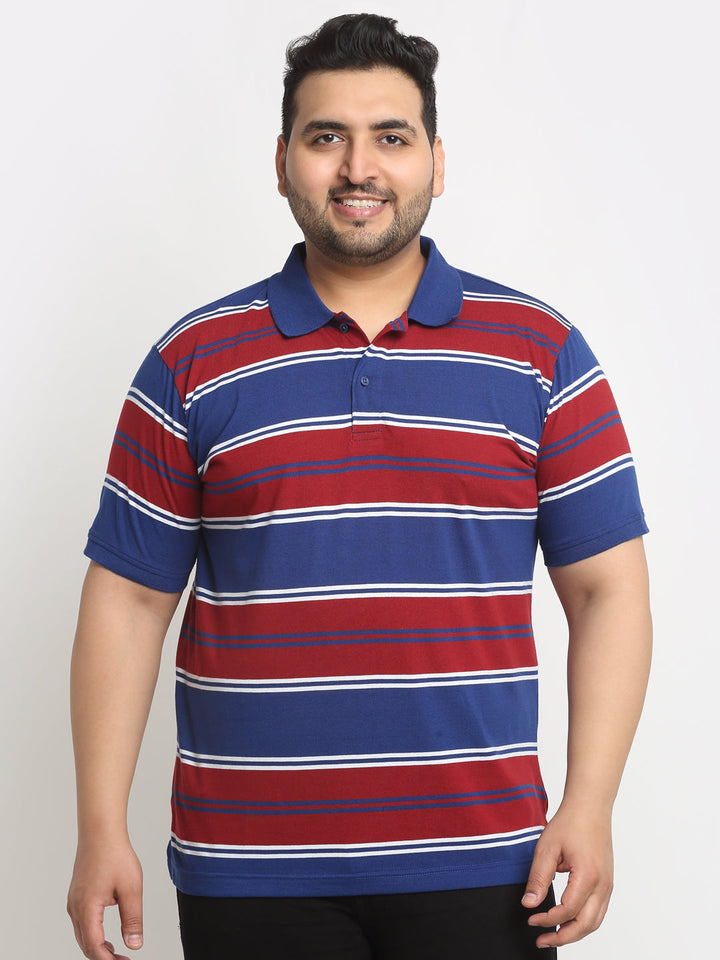 Red And Navy Blue Striped Polo Collar Cotton T-Shirt