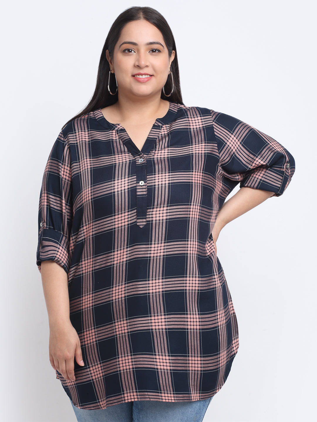 Plus Size Checked Mandarin Collar Roll-Up Sleeves Longline Top