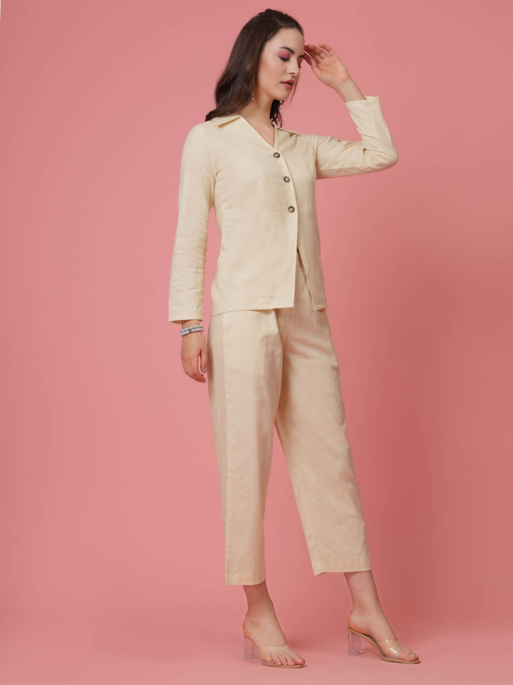 Cream Pure Cotton Shirt With Trousers