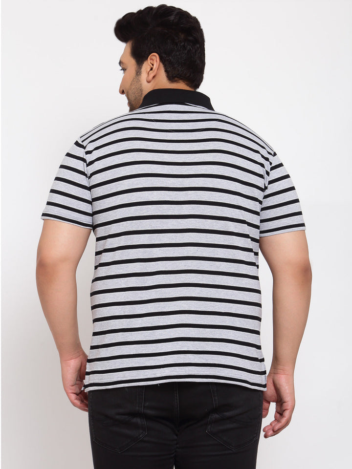 plusS Men Grey Striped Henley Neck T-shirt