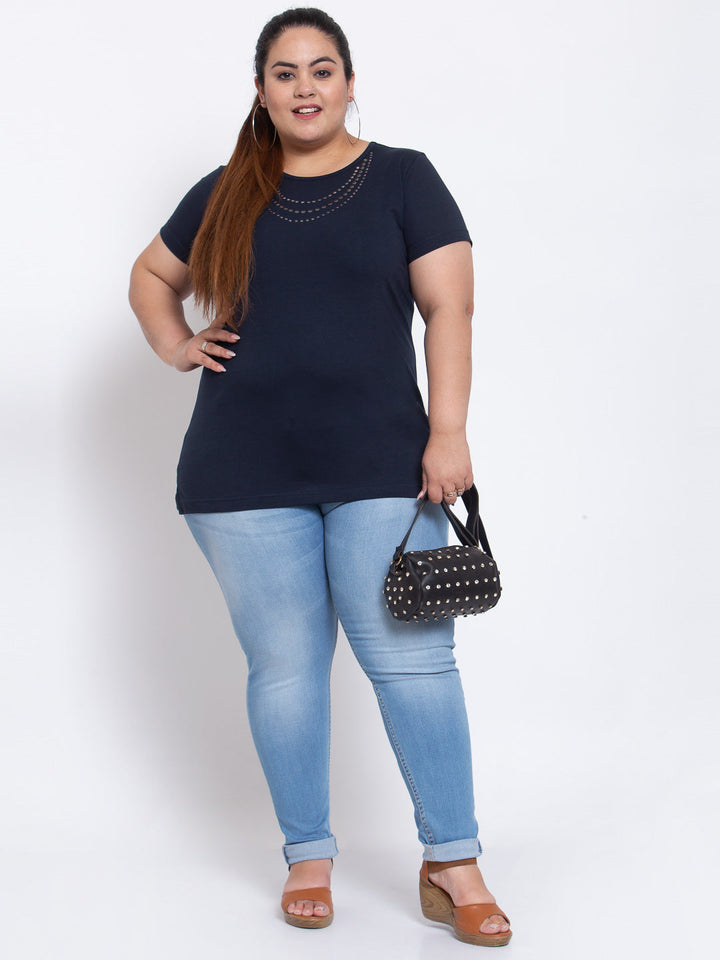 Women Plus Size Navy Blue Solid Round Neck Cotton T-shirt with Embellished Detail