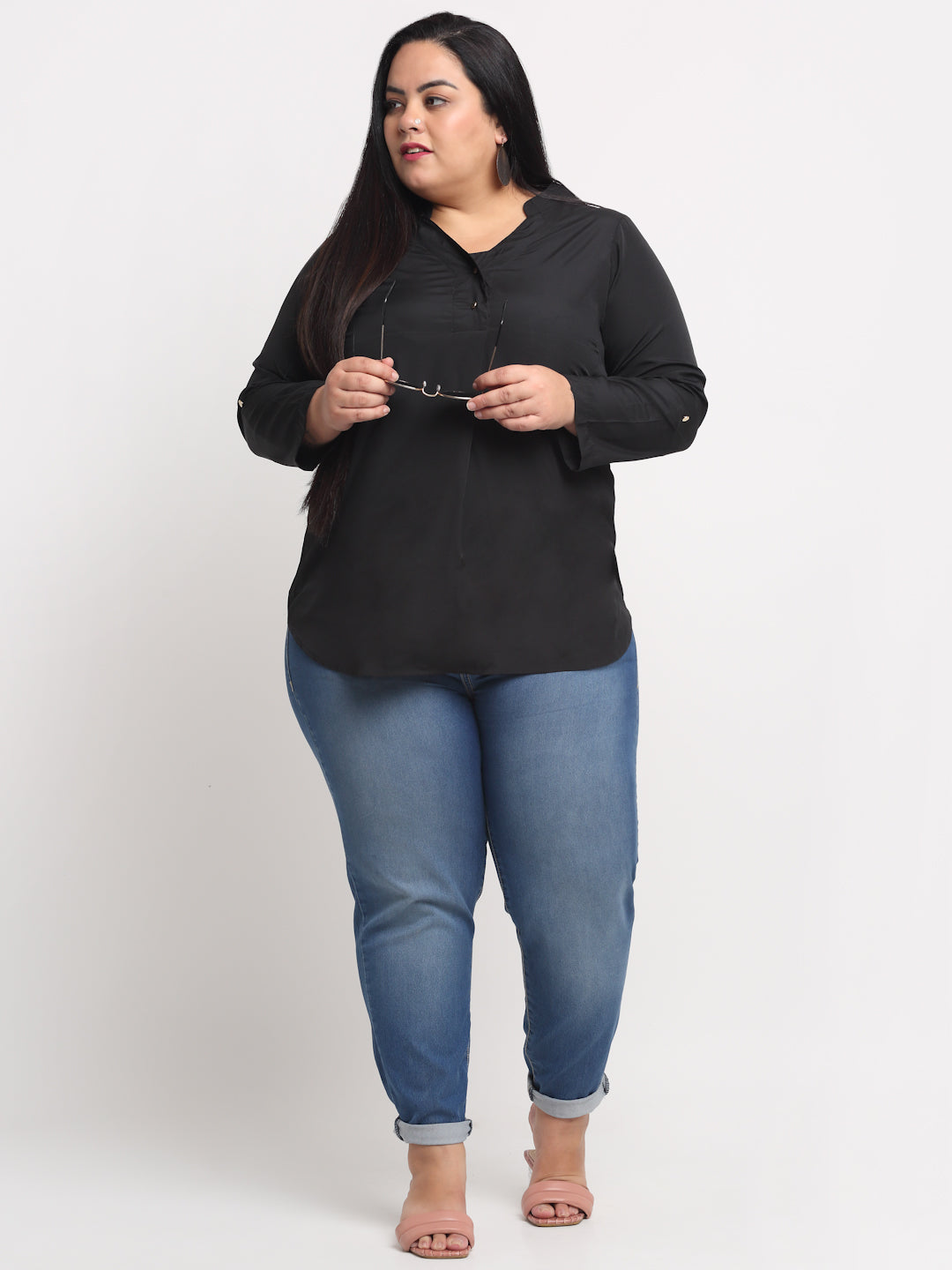 plusS Black Plus Size Mandarin Collar Shirt Style Top