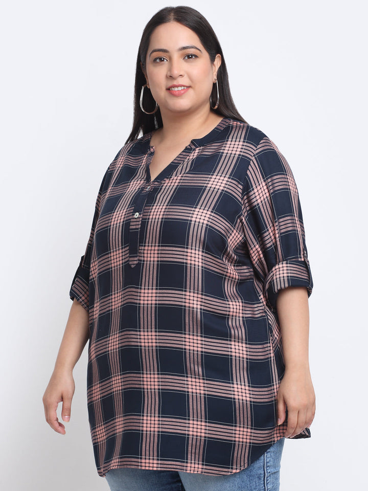 Plus Size Checked Mandarin Collar Roll-Up Sleeves Longline Top