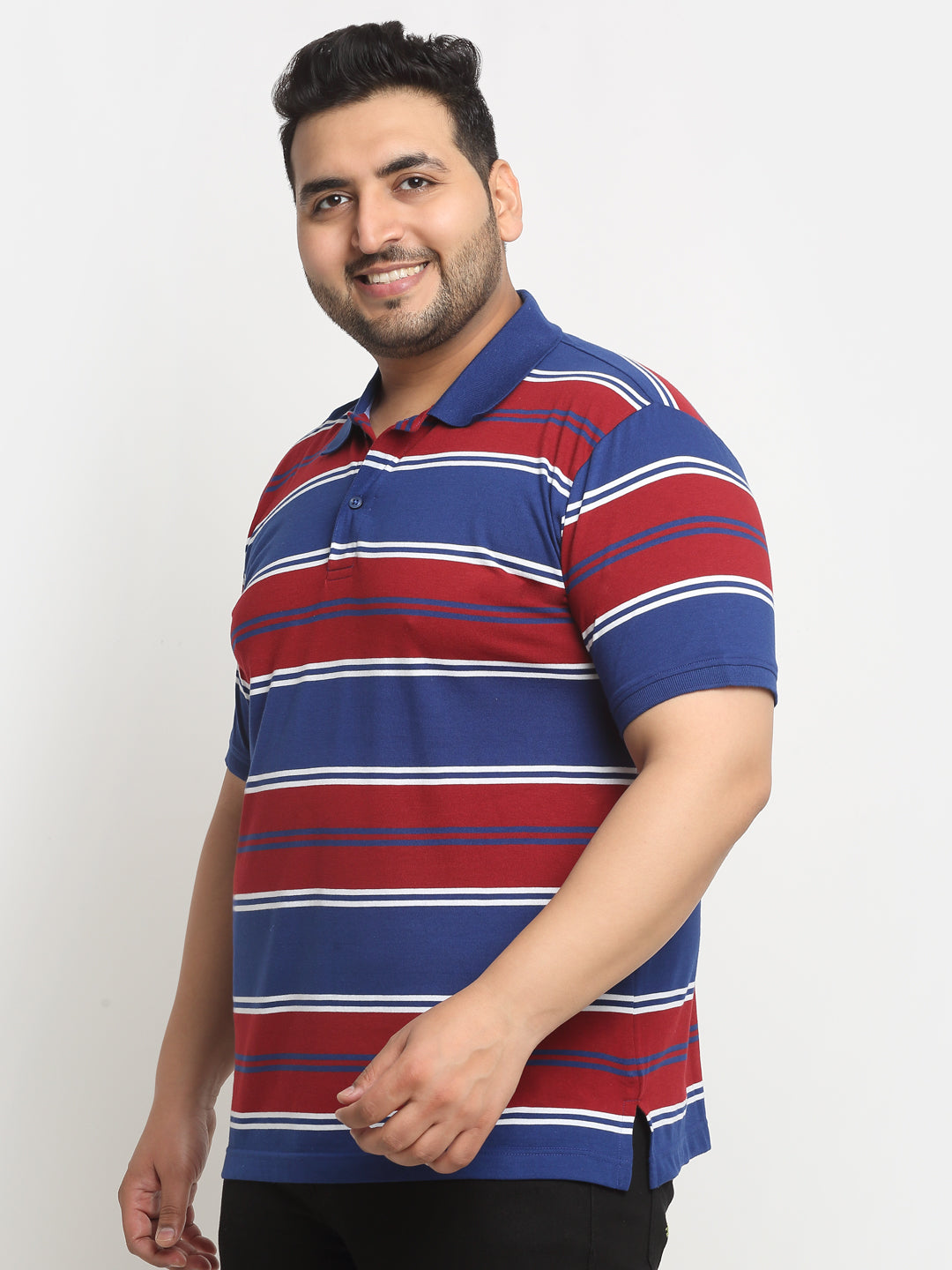 Red And Navy Blue Striped Polo Collar Cotton T-Shirt