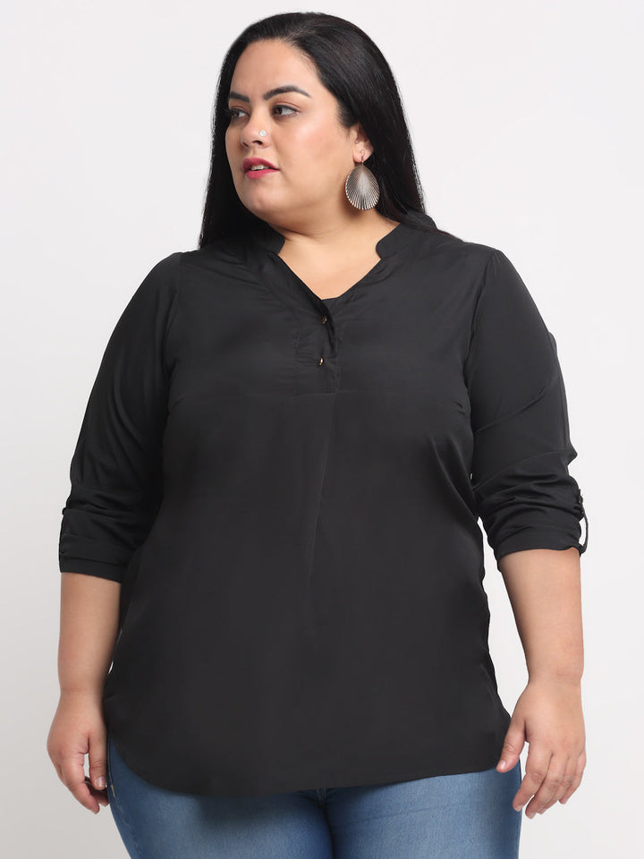 plusS Black Plus Size Mandarin Collar Shirt Style Top