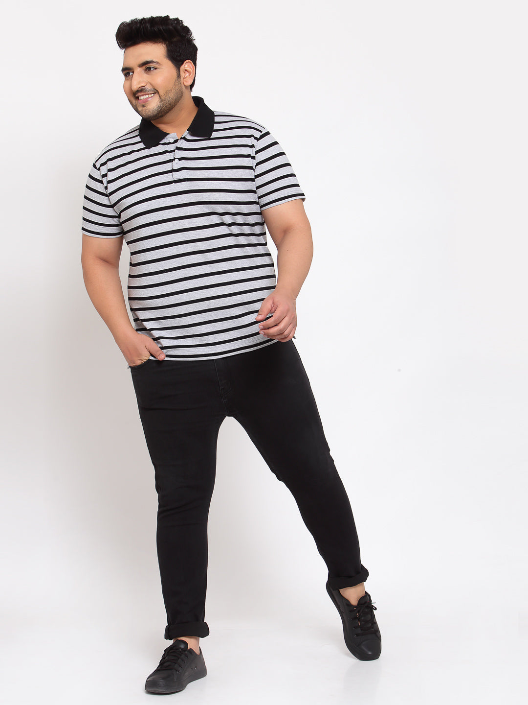 plusS Men Grey Striped Henley Neck T-shirt