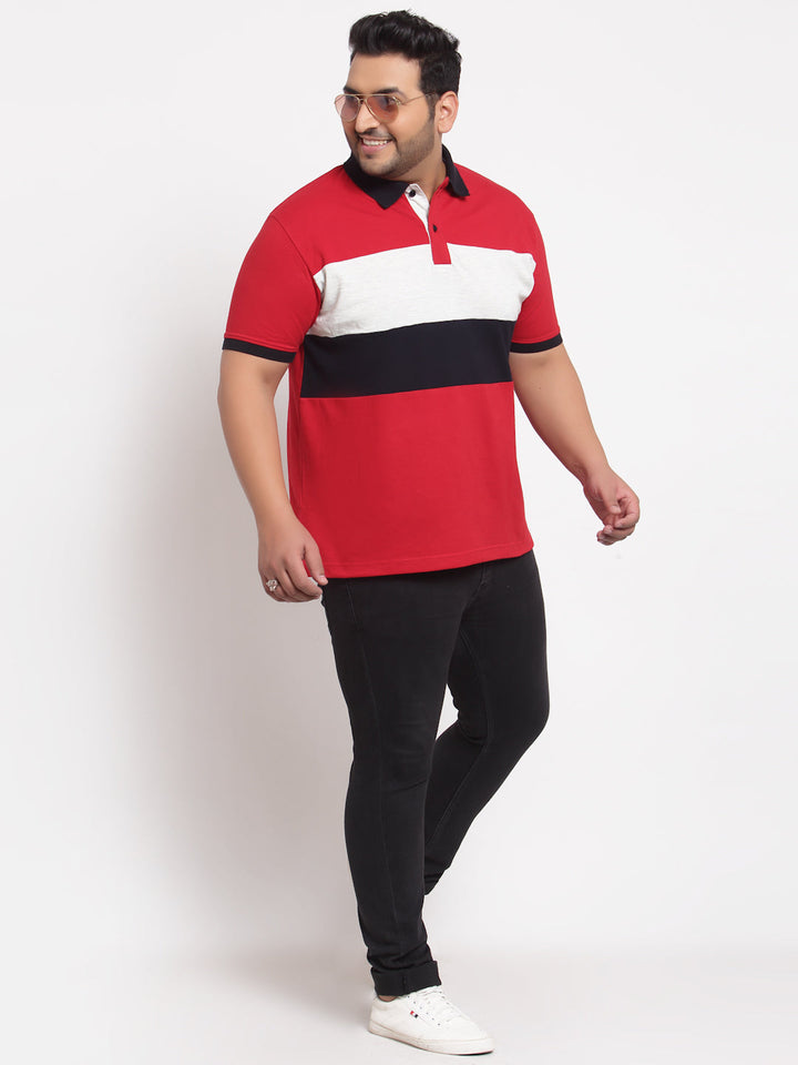 plusS Men Red Striped Polo Collar Applique T-shirt