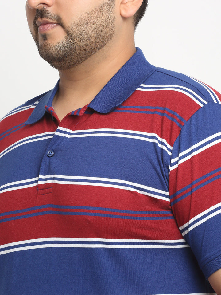 Red And Navy Blue Striped Polo Collar Cotton T-Shirt