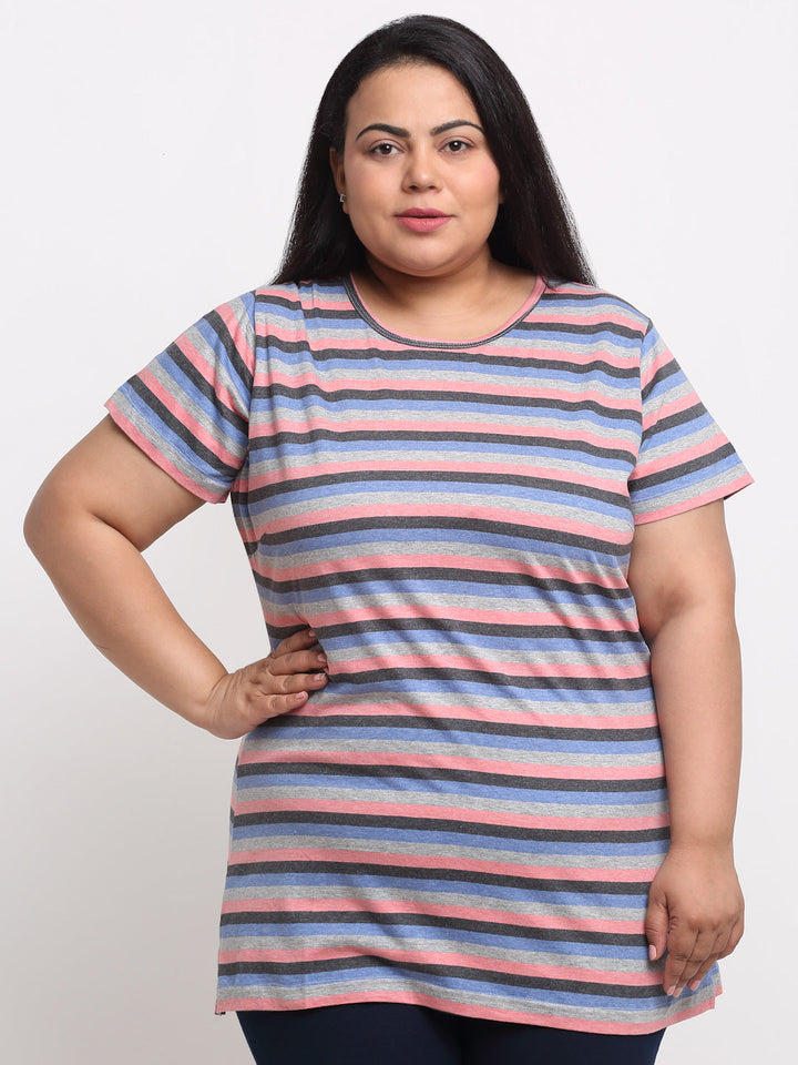 Women Plus Size Multicoloured Striped T-shirt