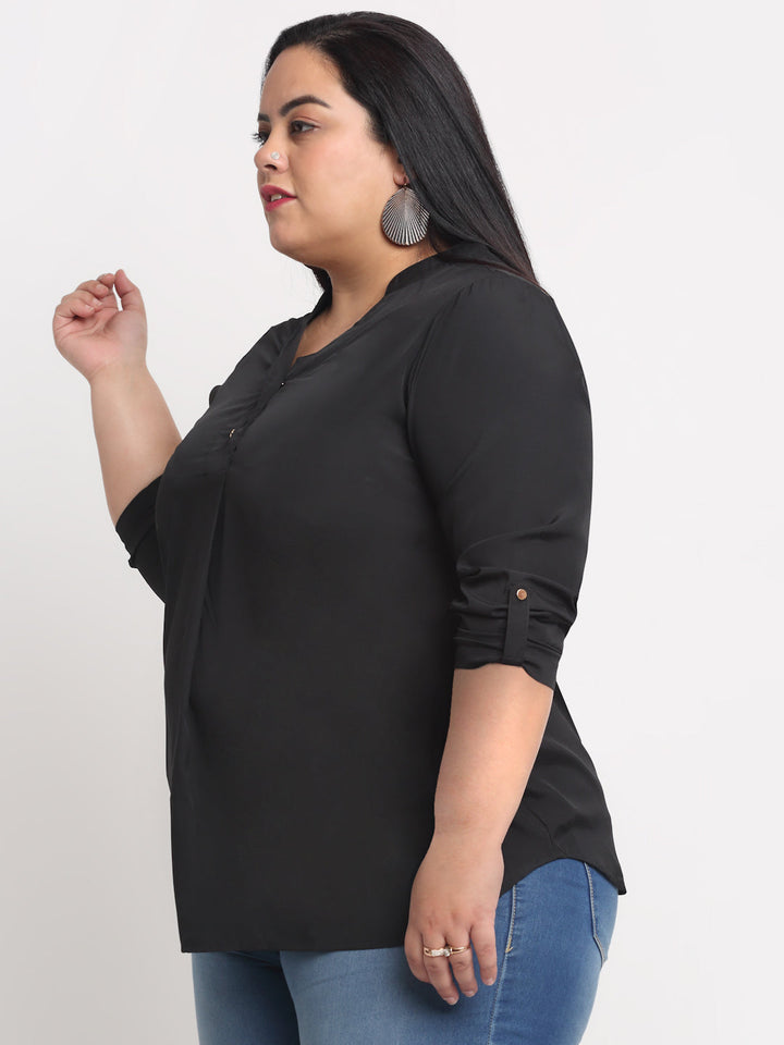 plusS Black Plus Size Mandarin Collar Shirt Style Top