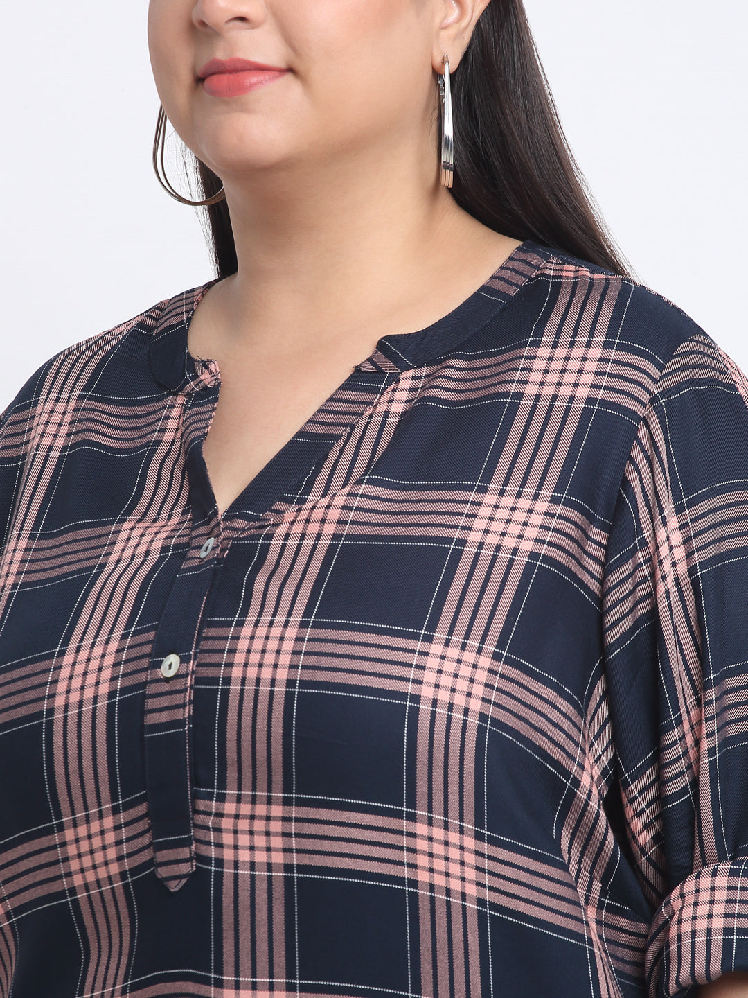 Plus Size Checked Mandarin Collar Roll-Up Sleeves Longline Top