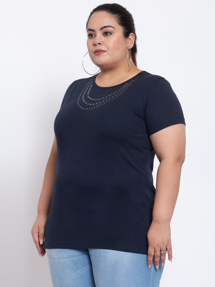 Women Plus Size Navy Blue Solid Round Neck Cotton T-shirt with Embellished Detail