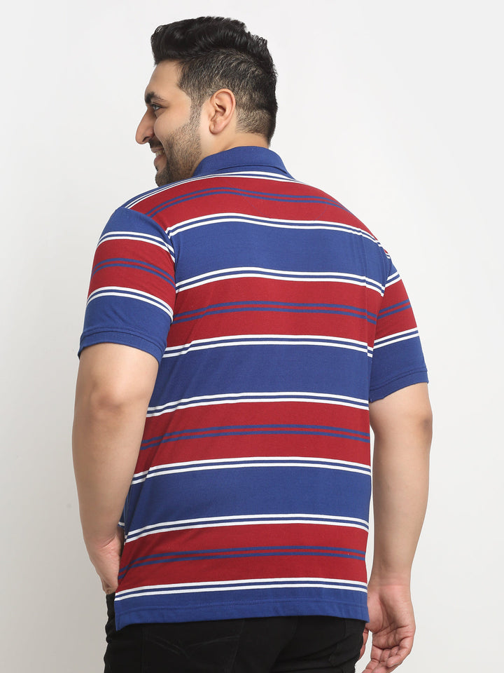 Red And Navy Blue Striped Polo Collar Cotton T-Shirt