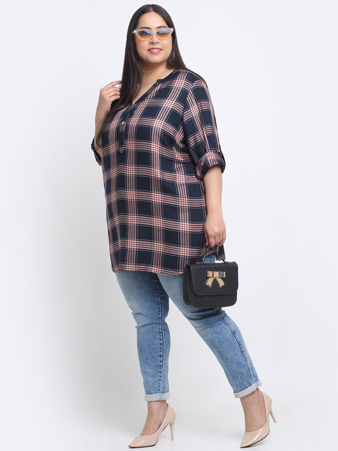 Plus Size Checked Mandarin Collar Roll-Up Sleeves Longline Top