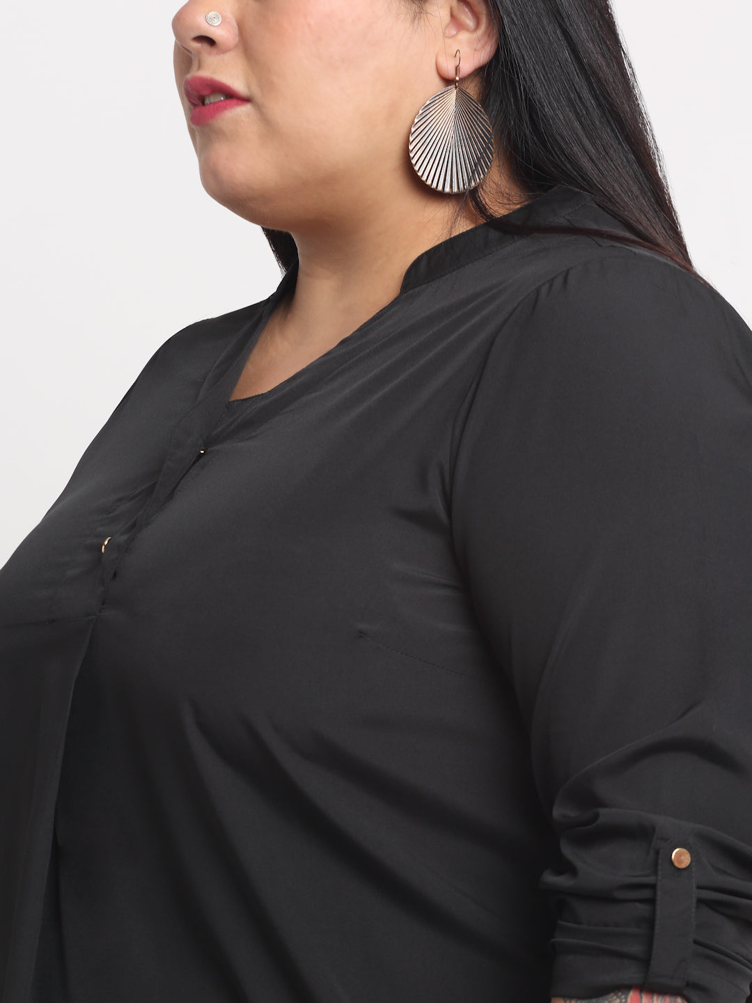 plusS Black Plus Size Mandarin Collar Shirt Style Top