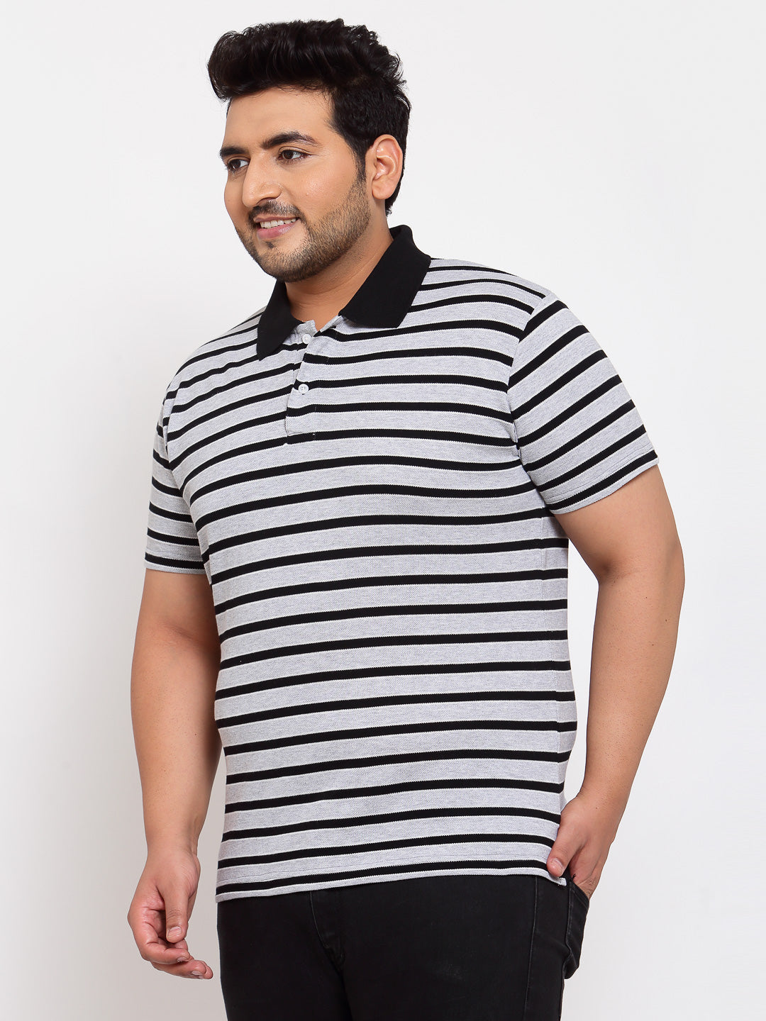 plusS Men Grey Striped Henley Neck T-shirt