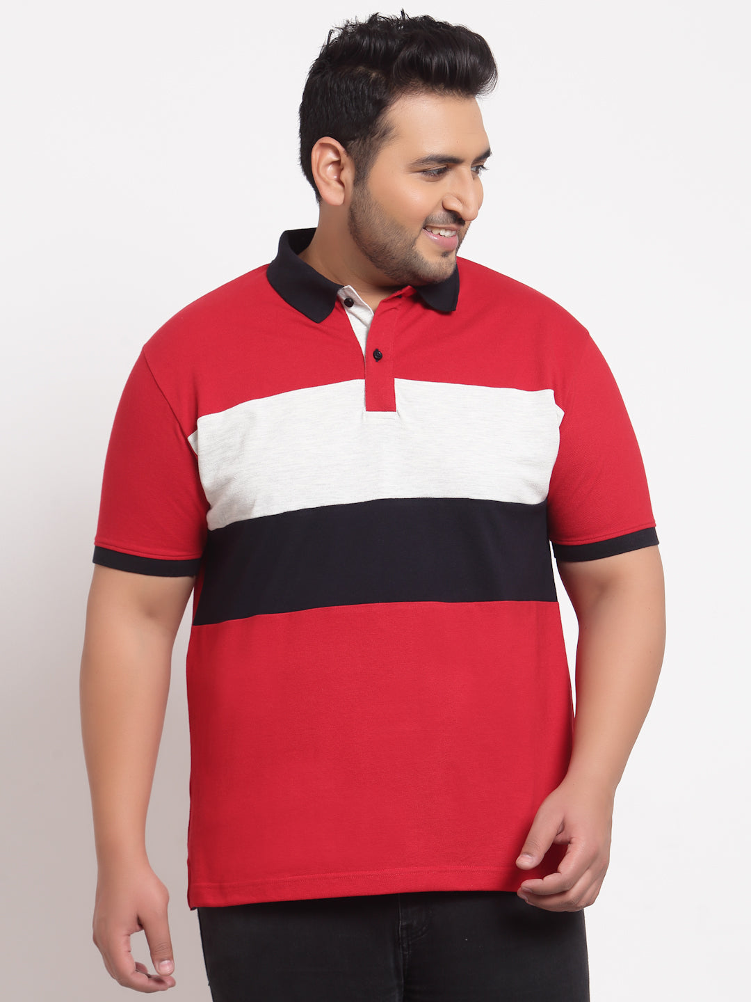 plusS Men Red Striped Polo Collar Applique T-shirt