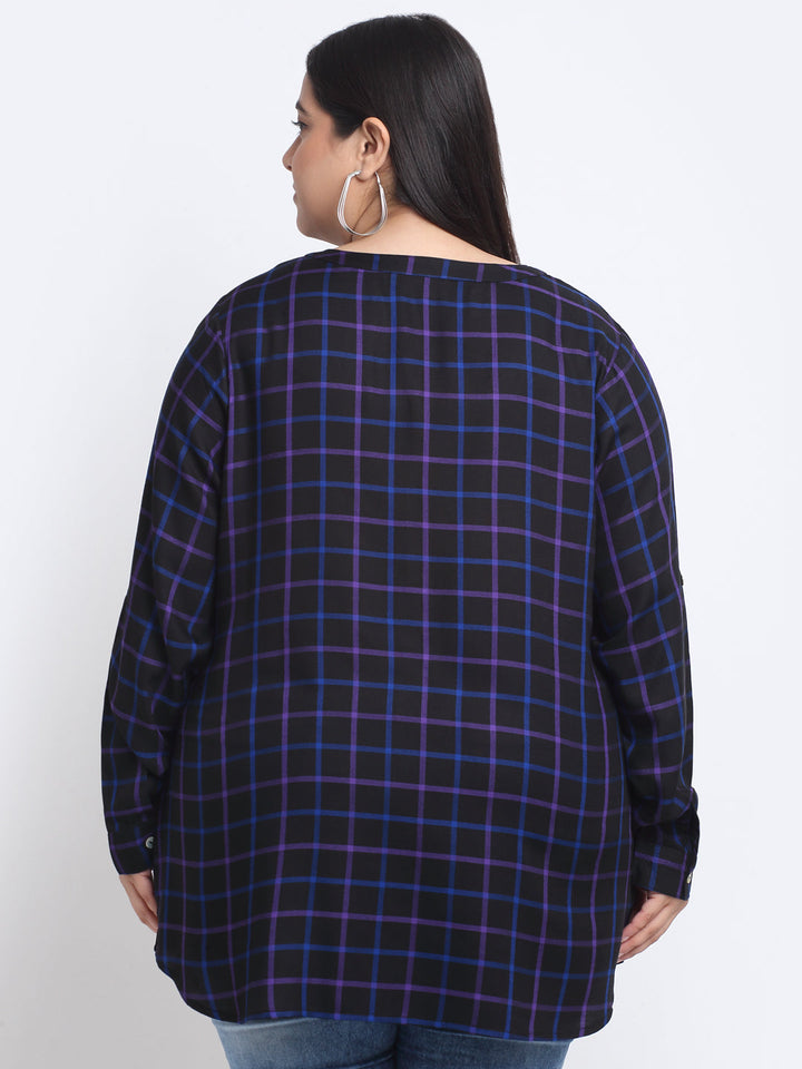 Plus Size Checked Roll-Up Sleeves Top