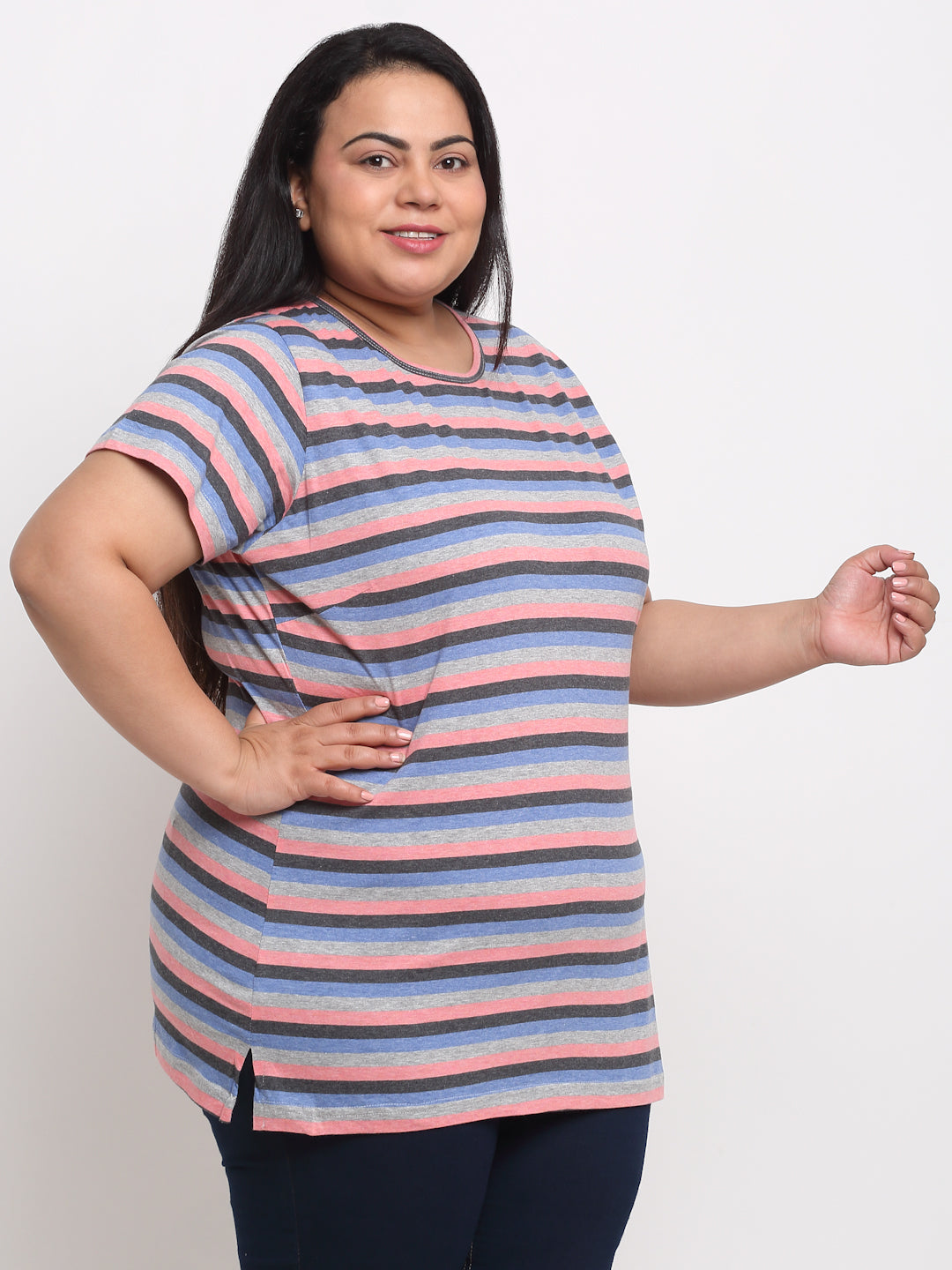 Women Plus Size Multicoloured Striped T-shirt