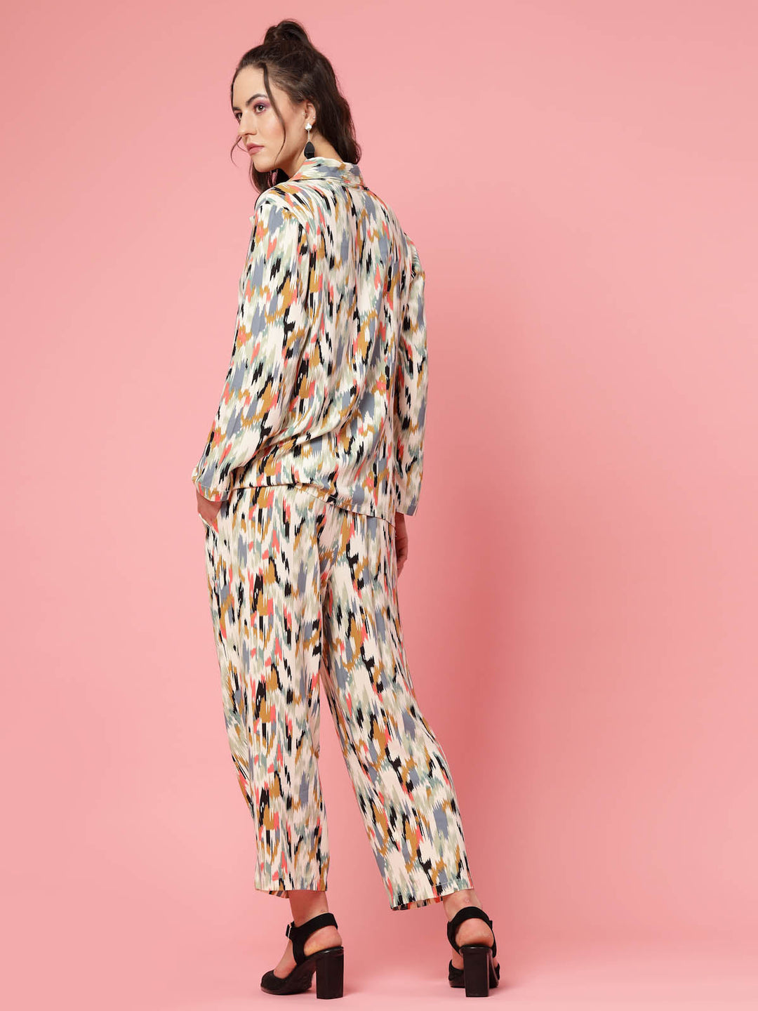 Beige & Yellow Abstract Printed Lapel Collar Shirt & Trouser