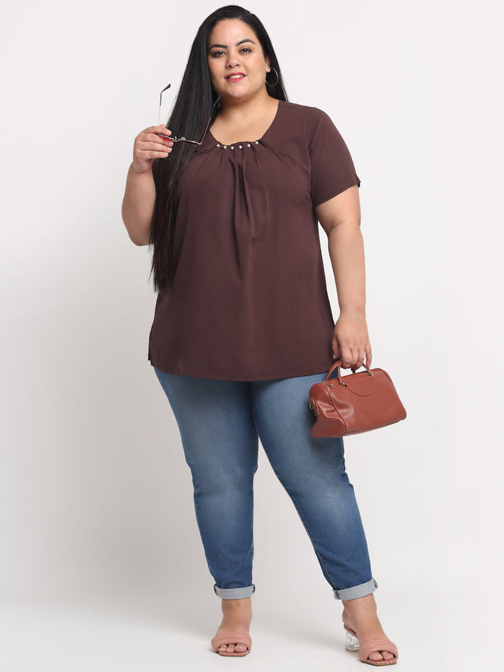 plusS Women Plus Size Brown Solid Round Neck Regular Top