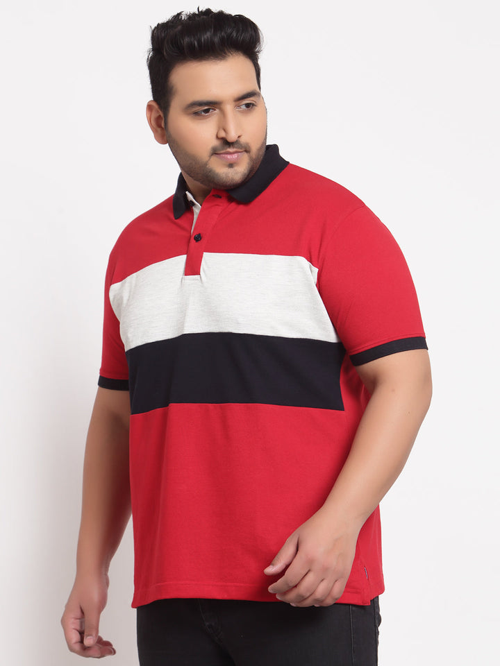 plusS Men Red Striped Polo Collar Applique T-shirt