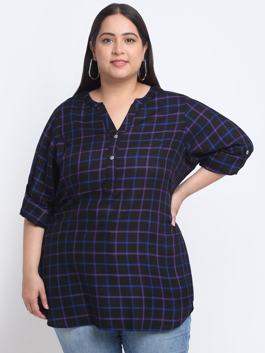 Plus Size Checked Roll-Up Sleeves Top