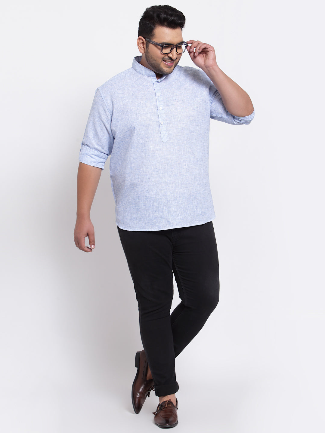 Plus Size Men Blue Thread Work Kurta